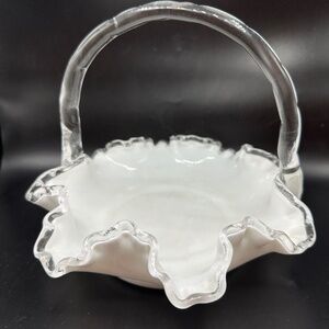 VTG Fenton Silver Crest Milk Glass Ruffled Edge Basket W/Clear Handle 6" Tall